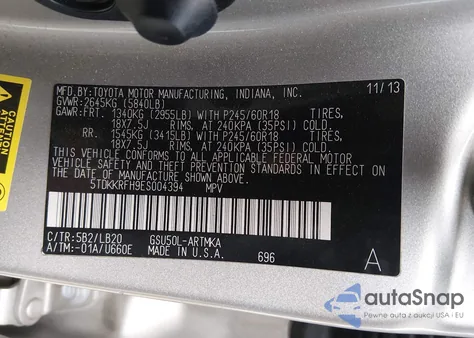 2014 Toyota Highlander Xle V6 из США, поврежденный, VIN 5TDKKRFH9ES004394